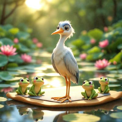 The primary subject of the image is a bird, specifically a goose, standing on a small wooden platform in a pond. The setting is a serene environment with a pond and a forest in the background. The visual style of the image is a combination of photo and digital art, creating a realistic yet artistic representation of the scene. The colors and mood of the image are predominantly green and calm, reflecting the peaceful atmosphere of the pond and the surrounding nature.